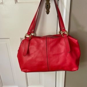Cole Haan Satchel Shoulder Coral Red Leather Handbag Purse Brass India EXCELLENT